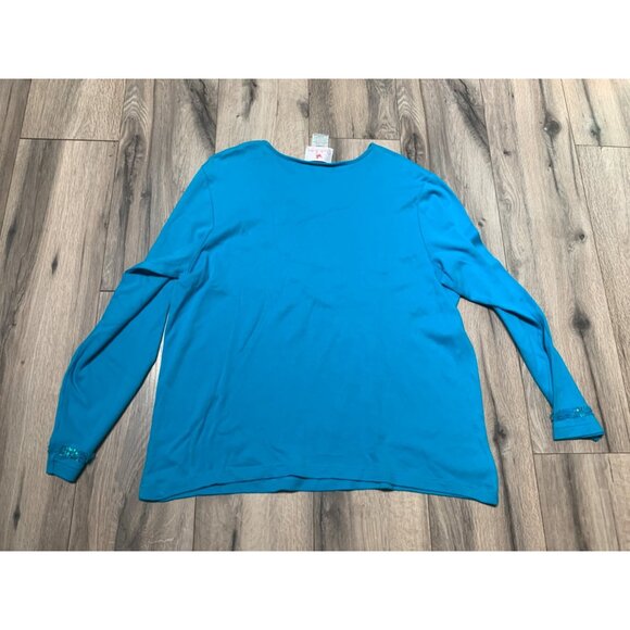 Quacker Factory Women's Turquoise Long Sleeve Top With Sequin Accents Size XL - Picture 4 of 4